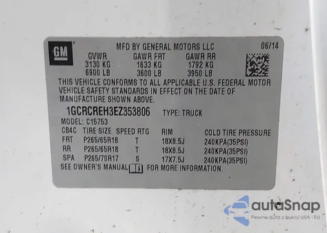 2014 Chevrolet Silverado 1500 1Lt from USA, damaged, VIN 1GCRCREH3EZ353806